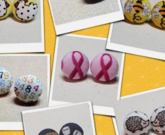 Pink breast cancer ribbon fabric button earrings